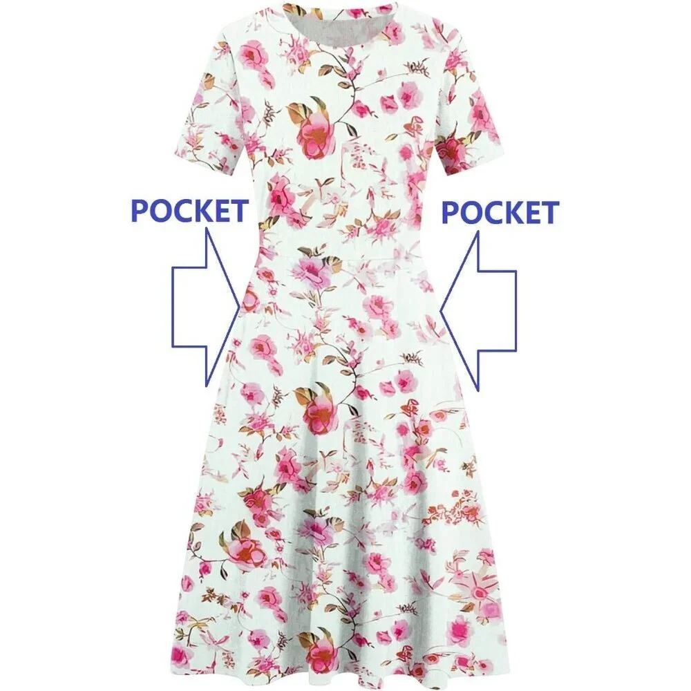 Women's Rose White Elegant Knee Length Vintage A-Line Swing Dress with Pockets